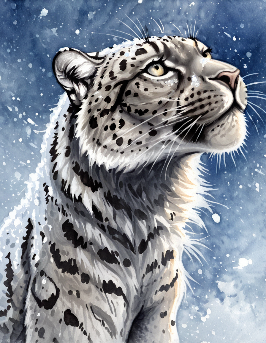 watercolor,
masterpiece, best quality, 
solo, fur, whiskers, ambiguous gender, feral, tuft, felid, inner ear fluff, pantherine, detailed, grey body, grey fur, fluffy, looking up, pink nose, female, spots, abstract background, snow, snow leopard, black spots, snowing
<lora:Traditional_Art_v2.5-000010:1>âââ