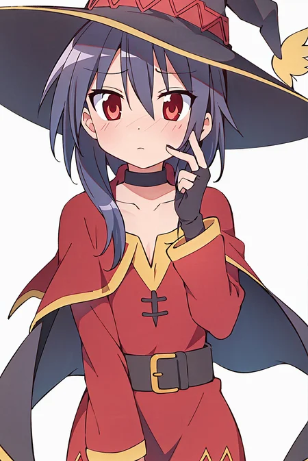 lucky star, megumin, 1girl, bare shoulders, black cape, black gloves, black hair, blush, cape, choker, collarbone, dress, fingerless gloves, gloves, hair between eyes, hat, long sleeves, looking at viewer, medium hair, off-shoulder dress, off shoulder, red dress, red eyes, sidelocks, simple background, solo,white background, witch hat, ((masterpiece)) <lora:lucky_star_offset:1>