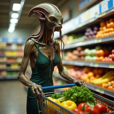 bizarre female alien creature with tentacles and a large bony forehead crest, dressed like a suburban mother, pushing a shopping cart shopping for groceries in a grocery store, strange alien fruits and vegetables, photo