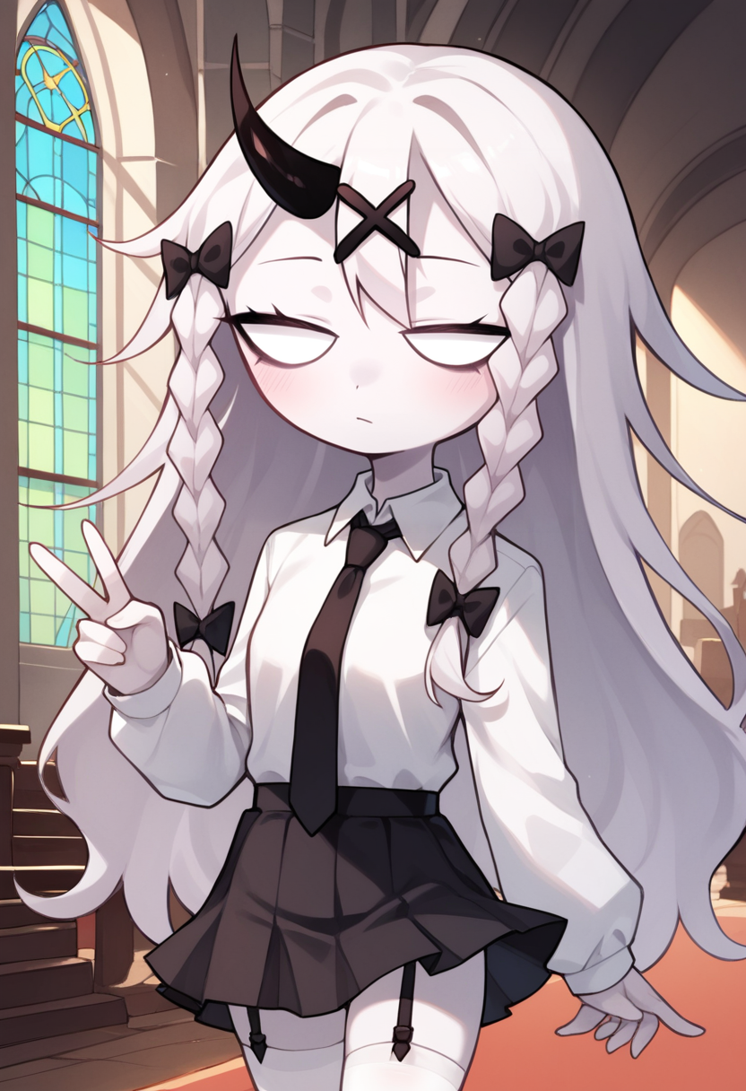 masterpiece, best quality, uncensored, source_anime BREAK score_9, score_8_up, score_7_up, score_6_up, score_5_up, score_4_up, 1girl, solo, rasazyfnf, single horn, white eyes, no pupils, long hair, white hair, white skin, twin braids, x hair ornament, hair bow, Expressiveh, chibi, collared shirt, black necktie, black skirt, white thighhighs, bow, black garter straps, cowboy shot, v, indoors, church <lora:Expressive_H:0.6> <lora:add-detail-xl:0.5> <lora:Rasazy_MFM_Fnf:0.8>