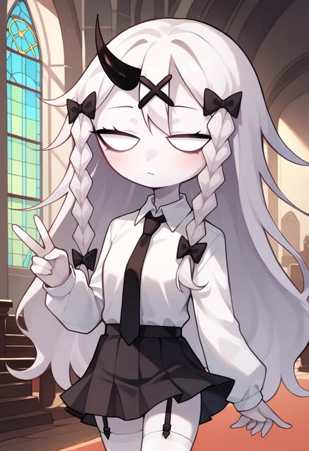 masterpiece, best quality, uncensored, source_anime BREAK score_9, score_8_up, score_7_up, score_6_up, score_5_up, score_4_up, 1girl, solo, rasazyfnf, single horn, white eyes, no pupils, long hair, white hair, white skin, twin braids, x hair ornament, hair bow, Expressiveh, chibi, collared shirt, black necktie, black skirt, white thighhighs, bow, black garter straps, cowboy shot, v, indoors, church <lora:Expressive_H:0.6> <lora:add-detail-xl:0.5> <lora:Rasazy_MFM_Fnf:0.8>