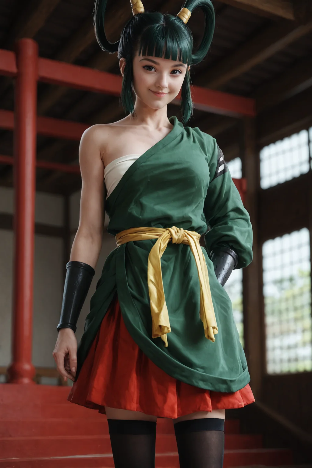 score_9, score_8_up, score_7_up BREAK realistic, yurin,cowboy shot, black eyes, dark green hair, smile, hair rings,sidelocks,blunt bangs,yurin, green robe, red skirt, chest sarashi, yellow sash, black vambraces, black thighhighs, single bare shoulder, kanji, red flats, indoors, east asian architecture,dynamic angle, vibrant lighting, high contrast, dramatic shadows, highly detailed, detailed skin, depth of field, film grain,closed mouth, <lora:YurinPony:1>