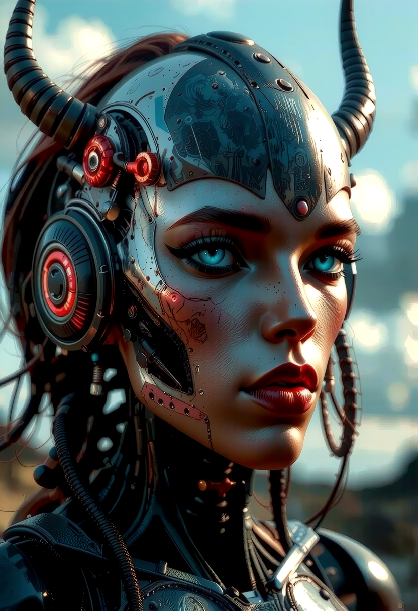 portrait of a vikingpunk post-apocalyptic robot.   <lora:art and styles/MysticFantasy.safetensors:1.0>,  <lora:flux/flux_realism_lora.safetensors:1.0>,  <lora:flux/Sinfully Stylish .02 for FLUX-000002.safetensors:1.0>,