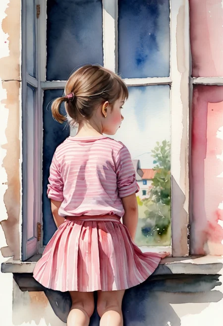 Watercolor painting of a little girl sitting on a window,back side view,striped shirt,pink skirt,