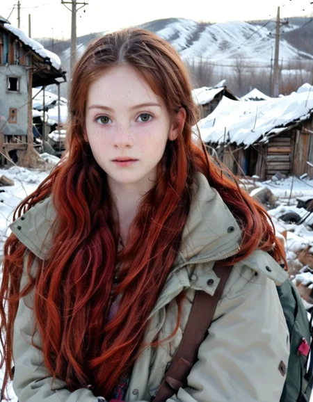 an educational distant photograph with cold lighting, captured by Warwick Saint; it is showcased an ukrainian, of age, and tender girl, having a ruby-haired braids haircut and a cute face; wearing winter mountain attire with a padded jacket and a backpack; lounging around amidst a post-apocalyptic slum. <lora:AnalukXL8:1>