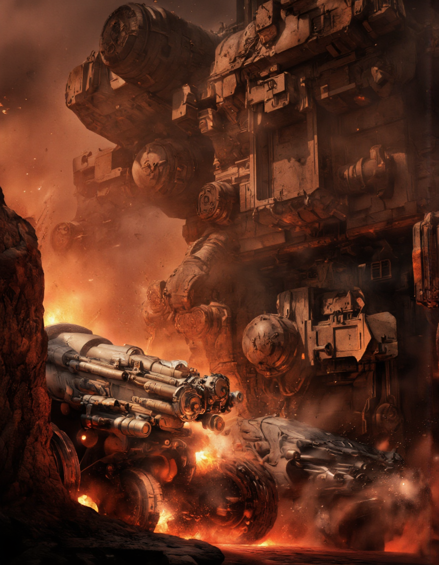 Art by Col Price & Arthur Yuan.
A photo-realistic digital illustration shoot from a far camera angle about a futuristic, sci-fi scene featuring heavy machinery and vehicles in a fiery orange and red environment. the scene is set in a dimly lit, smoky environment with a smoky, orange glow, and rocky terrain. on the left side of the image, there are several large, metallic vehicles with intricate details, including a large engine and a smaller one, positioned on the right side, as if they are in the midst of a battle. the vehicles appear to be armored vehicles, with a sleek, futuristic design, and are positioned closely together, creating a sense of movement and energy. the background is filled with a mix of red and orange hues, giving the scene a dramatic and intense atmosphere, reminiscent of a post-apocalyptic world. the overall mood is intense and dramatic, with the vehicles appearing to be in motion, adding to the sense of action and intensity in the scene.