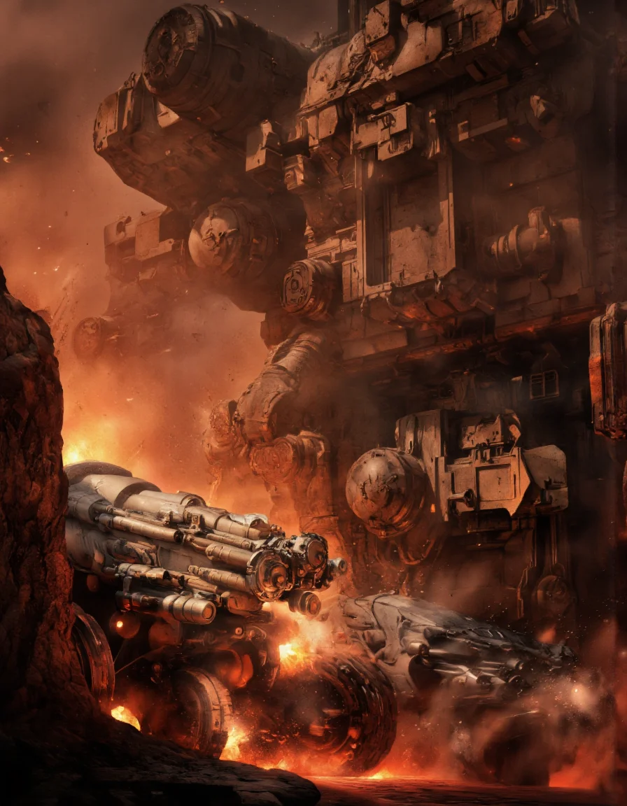 Art by Col Price & Arthur Yuan.
A photo-realistic digital illustration shoot from a far camera angle about a futuristic, sci-fi scene featuring heavy machinery and vehicles in a fiery orange and red environment. the scene is set in a dimly lit, smoky environment with a smoky, orange glow, and rocky terrain. on the left side of the image, there are several large, metallic vehicles with intricate details, including a large engine and a smaller one, positioned on the right side, as if they are in the midst of a battle. the vehicles appear to be armored vehicles, with a sleek, futuristic design, and are positioned closely together, creating a sense of movement and energy. the background is filled with a mix of red and orange hues, giving the scene a dramatic and intense atmosphere, reminiscent of a post-apocalyptic world. the overall mood is intense and dramatic, with the vehicles appearing to be in motion, adding to the sense of action and intensity in the scene.