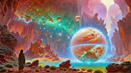 **The Cradle of Echoes**  
A vast canyon filled with floating, glowing orbs that emit faint whispers. Each orb contains fragments of ancient memories, and touching one releases a vivid, holographic scene from the past. The canyon walls are carved with murals of long-lost civilizations, illuminated by the soft glow of the orbs.
