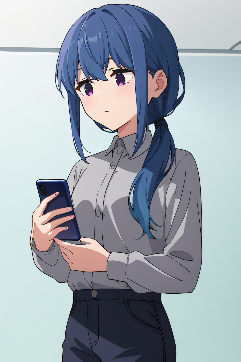 score_9, score_8_up, score_7_up, source_anime, rating_safe, intricate details, anime screencap, official style, 1girl, <lora:Shima_Rin:1>, shimarin, blue hair, purple eyes, long hair, low ponytail, sidelocks, grey shirt, long sleeves, collared shirt, black pants, looking down, indoor, cowboy shot, holding phone