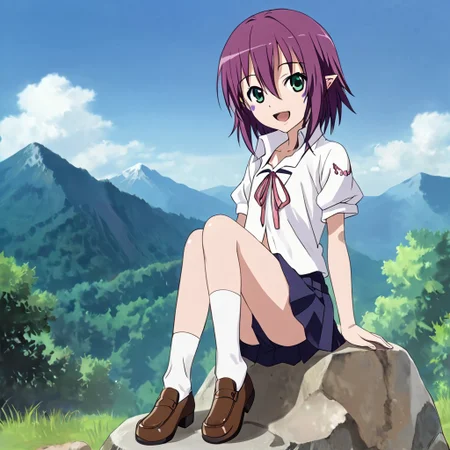 score_9, score_8_up, score_7_up, anime_source, source_anime, best background, detailed background, anime screencap, (best quality, ultra detailed), good eyes, perfect eyes, detailed eyes, detailed face, 
BREAK
merry_nightmare, 1girl, solo, green eyes, purple hair, short hair, flat chest, pointy ears, facial mark, smile, open mouth, looking at viewer, 
BREAK
school_uniform, (white_shirt), collared_shirt, pleated_skirt, bare legs, brown shoes,
BREAK
full body, (sitting on a rock), outdoor, open field, green area, mountains on the horizon, daytime, clouds, sky.