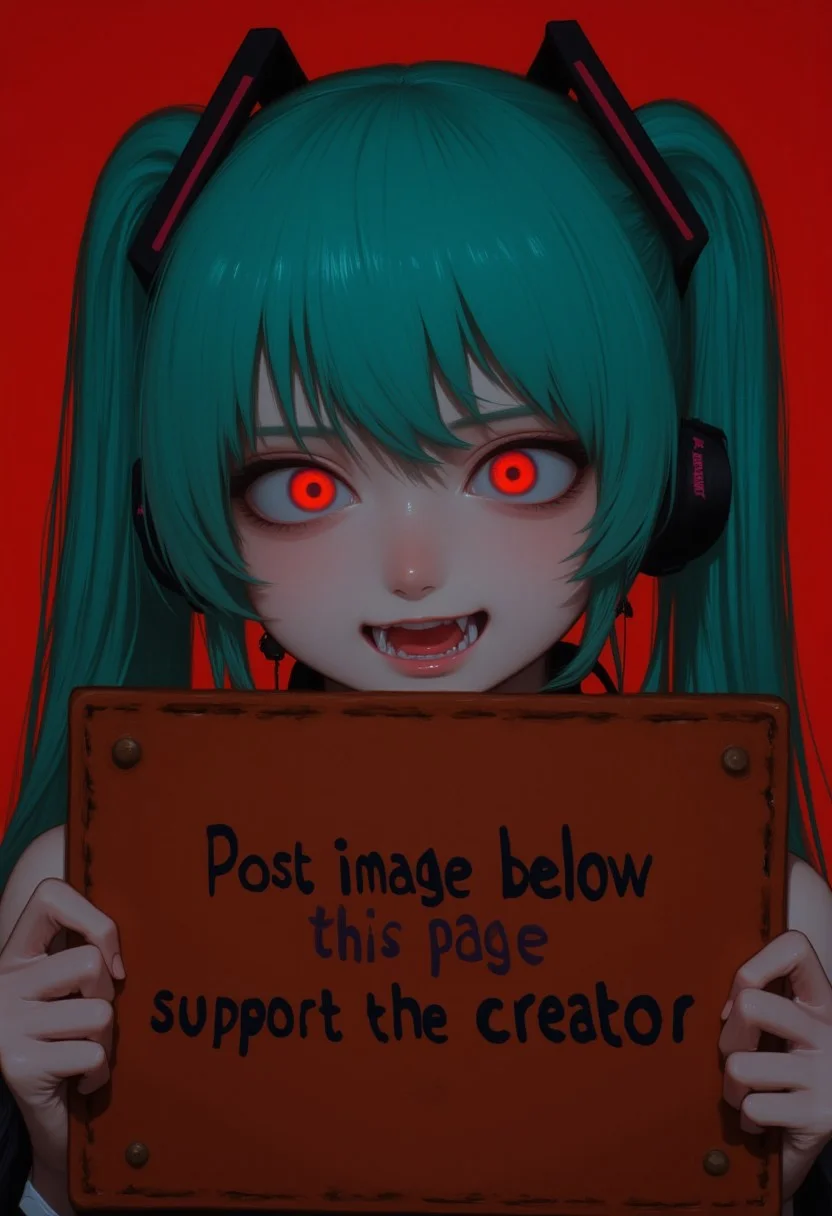 SuchHorriGirl, Hatsune Miku with Teal hair, looking at view, sharp teeth, grin, angry, holding leather board with message "Post image below this page to support the creator", deep red and black tone
