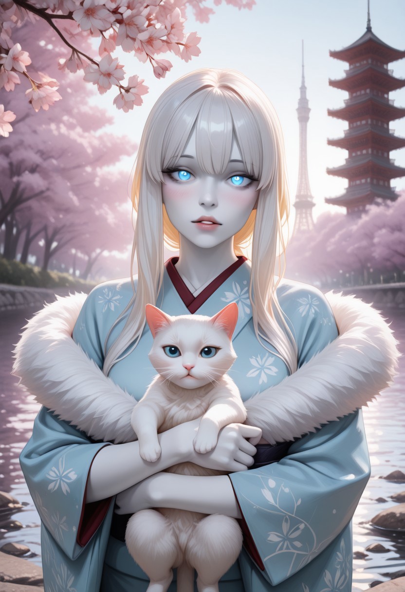 lazypos, perfect anatomy, absolutely eye-catching, ambient occlusion, amazing quality, best quality, very awa,
1girl, 24yo female, older female, mature female, solo, Blushing, long hair, white hair, colored skin, white skin, pale skin, looking at viewer, parted lips, blonde hair, blue eyes, glowing eyes, cute, kimono, off shoulder's kimono, light blue kimono, fur trimmed kimono, holding cat, white cat, Cherry blossom tree, tower, river,
 <lora:super_secret_lora_not_released:2> <lora:TrendCraft_The_Peoples_Style_Detailer-v2.3I-4_15_2025-Illustrious:0.4>