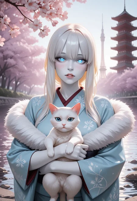 lazypos, perfect anatomy, absolutely eye-catching, ambient occlusion, amazing quality, best quality, very awa,
1girl, 24yo female, older female, mature female, solo, Blushing, long hair, white hair, colored skin, white skin, pale skin, looking at viewer, parted lips, blonde hair, blue eyes, glowing eyes, cute, kimono, off shoulder's kimono, light blue kimono, fur trimmed kimono, holding cat, white cat, Cherry blossom tree, tower, river,
 <lora:super_secret_lora_not_released:2> <lora:TrendCraft_The_Peoples_Style_Detailer-v2.3I-4_15_2025-Illustrious:0.4>