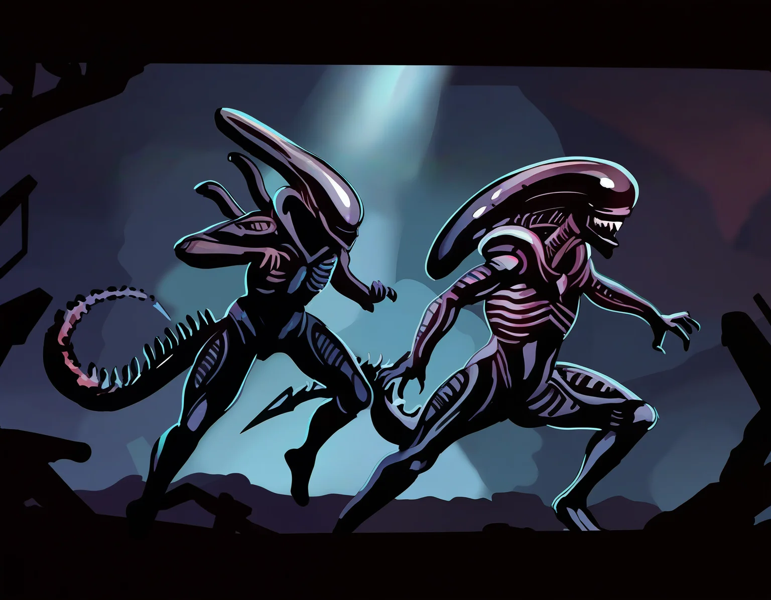 by carl newman, xenomorph, action-pose, from-side ,masterpiece, best quality, newest, absurdres, highres