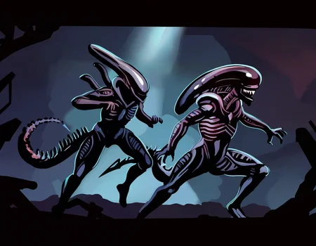 by carl newman, xenomorph, action-pose, from-side ,masterpiece, best quality, newest, absurdres, highres