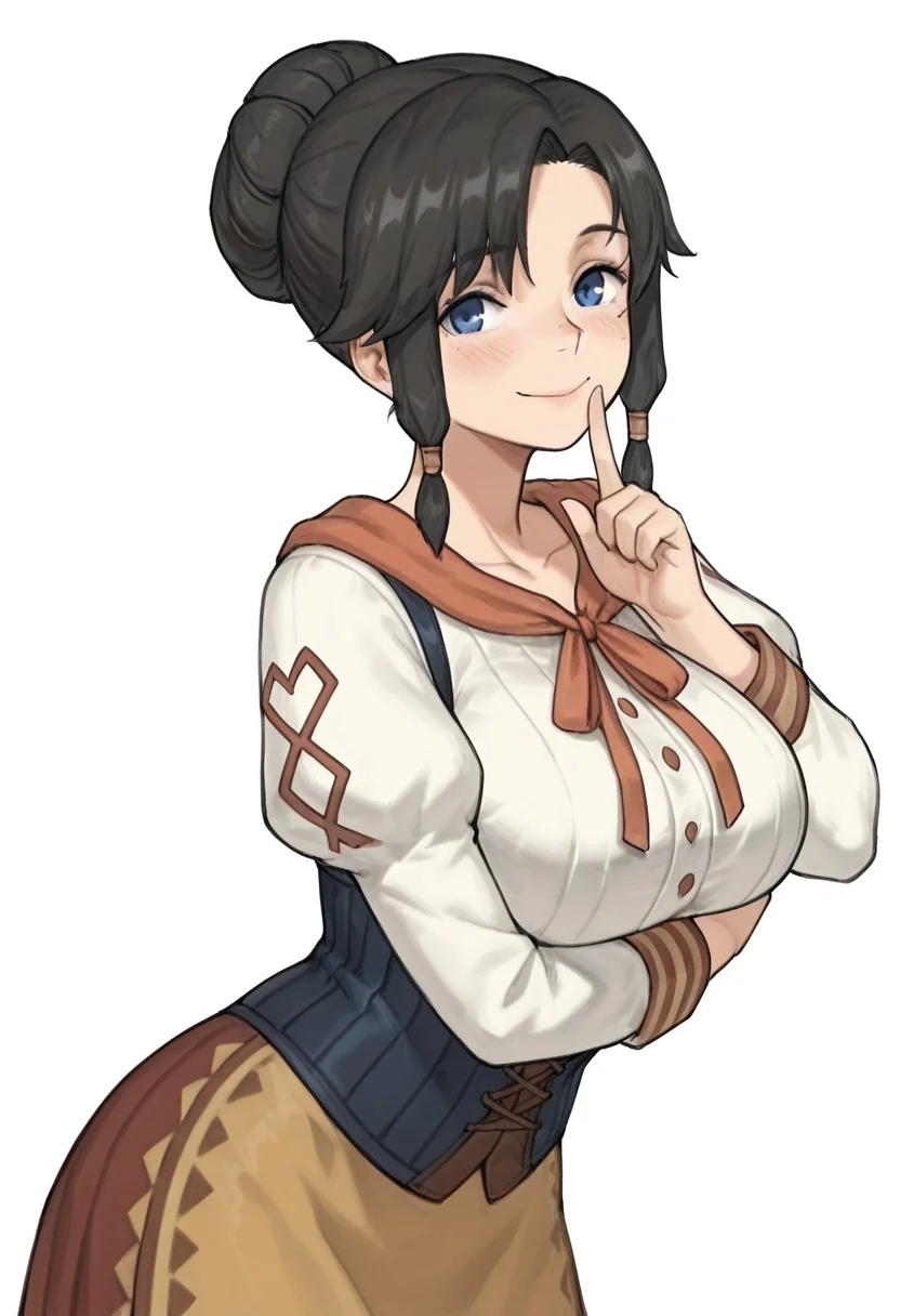 miostout, blue eyes, black hair, single hair bun, hair bun, sidelocks, corset, long sleeves, skirt, big breasts, masterpiece, best quality, very aesthetic, absurdres, highres, (white background), (from side:0.3), smile, blush, looking at viewer, shushing, arm under breasts, leaning forward, upper body,