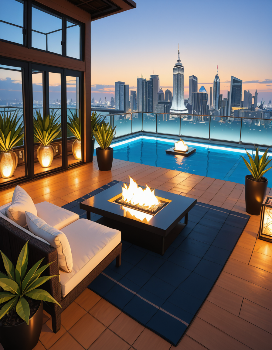 A breathtaking photo of a luxurious private rooftop at sunset, designed in a modern and elegant architectural style. The rooftop features a large infinity pool with crystal-clear water reflecting the warm golden hues of the sky. Surrounding the pool are plush, oversized lounge chairs with soft white cushions, neatly arranged under stylish wooden pergolas with flowing white curtains. In the background, a panoramic city skyline with shimmering skyscrapers stretches across the horizon. Ambient string lights hang delicately overhead, casting a soft, romantic glow. A chic outdoor bar with marble countertops is positioned on one side, decorated with fresh tropical plants and golden lanterns. The atmosphere feels serene and exclusive, with subtle reflections on the polished wooden floor. The lighting is a perfect mix of natural sunset tones and ambient soft white lights. The overall mood is peaceful, sophisticated, and inviting, ideal for an elite gathering or private escape.
<lora:SDXLFaeTastic2400:0.4> <lora:extremely_detailed:0.4> extremely detailed, <lora:luxurious_pr1v4t3_r00ft0p-i:1>,luxurious pr1v4t3 r00ft0p, Masterpiece,best quality,hi res,8k,hi res,8k,award winning,(sharp focus, intricate, highly detailed),