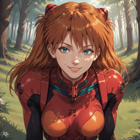 score_9, score_8, BREAK, solo, Asuka_Langley_Soryu_(Evangelion), 1girl, long hair, bangs, blue eyes, brown hair, hair ornament, red bodysuit, red gloves, red boots, self portrait, smile, looking at viewer, outdoors, sunlight, shadows, evening lighting, natural lighting, forest, trees, grass, orange sky, sunset