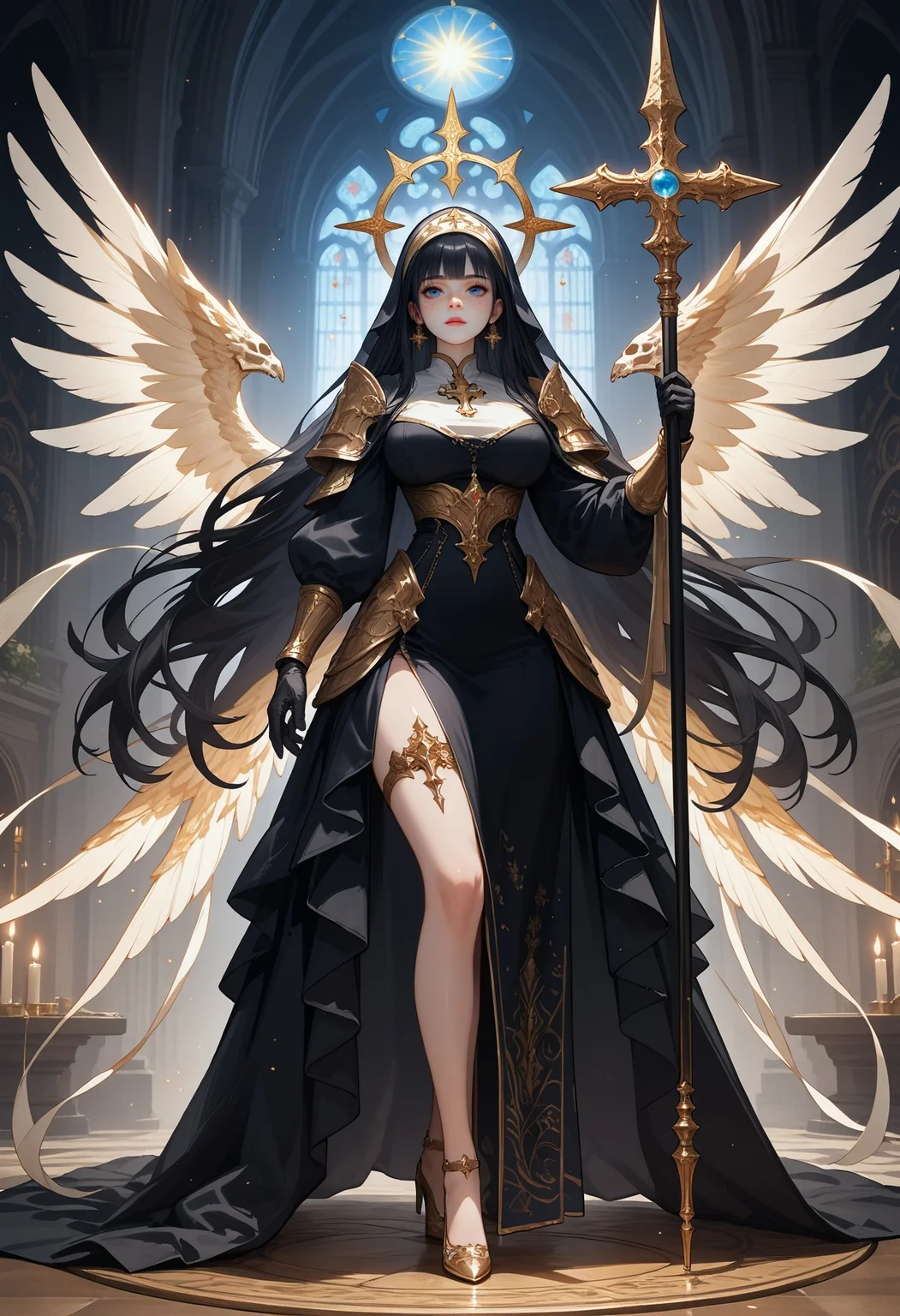Score_9, score_8_up, score_7_up, score_6_up, score_5_up, score_4_up, highly detailed, source_anime, himari, 1girl, dark priestess, standing pose, 1girl, solo, long hair, dress, black hair, black dress, breasts, holding, full body, very long hair, standing, large breasts, long dress, looking at viewer, mask, long sleeves, staff, jewelry, yellow eyes, cross, skull, black gloves, colored skin, holding staff, bangs, armor, closed mouth, shiny skin, gloves, blue eyes, high heels, black skin, star \(symbol\), cane, earrings, gothic cathedral,blond hair, blue eyes, ornate armor, (black and gold outfit:1.05), intricate design, halo, background, flowing cape, celestial symbols, dramatic lighting, detailed armor, ethereal atmosphere, gothic architecture, fantasy setting, solemn expression, sacred aura, dark elegance, elaborate headdress, mystical ambiance, medieval fantasy, holy relic, divine presence, celestial alignment, sacred geometry, celestial priestess, feather wings, big white wings, Angel, spear, holding magic, glowing magic, glowing spear, valkyrie, cowboy shot, close up, <lora:Expressive_H:0.7>,Expressiveh <lora:Smooth Anime Style LoRA XL:0.6>