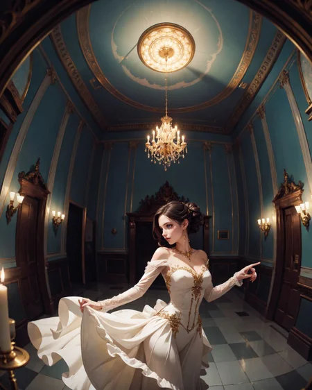 (Fisheye-shot:1.5), (adult woman in Victorian Ballroom with Ghostly Apparitions:1.15), grand Victorian ballroom, candles flickering as spectral dancers waltz, their translucent forms casting eerie shadows on ornate tapestries and gilded mirrors. (perfect lighting:1.1), (dynamic photoshoot pose:1.1), (Layered Depth, Parallax Effect, Soft focus foreground, sharp 3d render:1.15), (high quality:1.25), (best quality:1.25), (masterpiece:1.25), official art, official wallpaper, surreal, (detailed landscape:1.05), ((whimsical atmosphere:1.23):1.05), (powerful energy:1.05), vibrant colors, (detailed:1.05), (extremely detailed:1.06), sharp focus, (intricate:1.03), cinematic lighting, (extremely intricate:1.04), (adorned:1.09), (30 years old, skinny, slender, adult woman:1.3),  loving