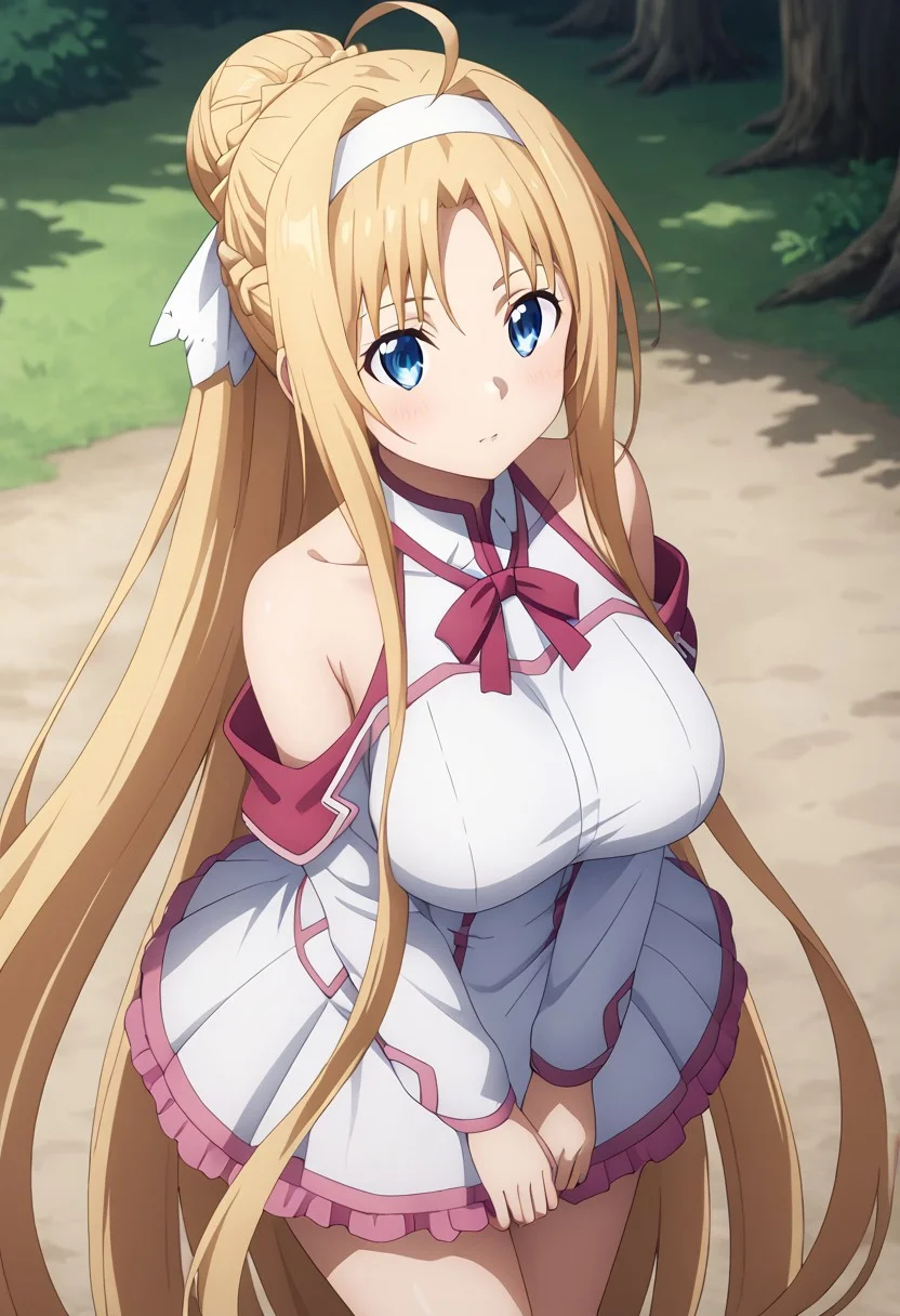 (masterpiece), best quality, perfect eyes, expressive eyes, perfect face, expressive face, perfect hands, (((((detailed hair))))), (((perfect eyes))), perfect legs, (((1 Girl))), (Sylpha), very long hair, blue eyes, huge breasts, blushing, (((aroused))), blonde hair, very long hair, hair up, (hair bun), folded ponytail, ((long sidelocks)), ahoge, blonde hair, blue eyes, hair between eyes, bangs, ((white hairband)), (((hair ribbon))), (((((view up close))))), view from above, outdoors, forest, trees, stacia, (((((absurdly long hair))))), blue eyes, long hair, parted bangs, blonde hair, very long hair, very long sidelocks, braid, hair up, ((hair bun)), (ponytail), hair ribbon, alice zuberg, blue eyes, parted bangs, blonde hair, very long hair, very long sidelocks, braid, hair up, ((hair bun)), (ponytail), astnig, asuna \(sao\), (((((absurdly long hair))))), blue eyes, parted bangs, blonde hair, very long hair, very long sidelocks, braid, hair up, ((hair bun)), (ponytail), hair ribbon, off shoulder, long sleeves, halterneck, ribbon trim, white nightgown, two-tone dress, (((pink trim))), layered skirt,