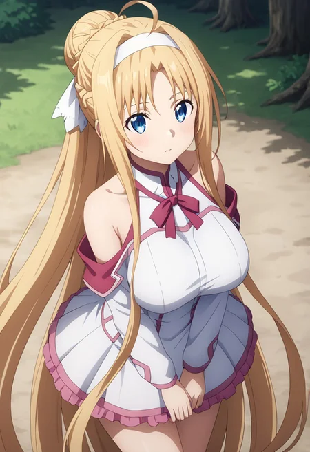 (masterpiece), best quality, perfect eyes, expressive eyes, perfect face, expressive face, perfect hands, (((((detailed hair))))), (((perfect eyes))), perfect legs, (((1 Girl))), (Sylpha), very long hair, blue eyes, huge breasts, blushing, (((aroused))), blonde hair, very long hair, hair up, (hair bun), folded ponytail, ((long sidelocks)), ahoge, blonde hair, blue eyes, hair between eyes, bangs, ((white hairband)), (((hair ribbon))), (((((view up close))))), view from above, outdoors, forest, trees, stacia, (((((absurdly long hair))))), blue eyes, long hair, parted bangs, blonde hair, very long hair, very long sidelocks, braid, hair up, ((hair bun)), (ponytail), hair ribbon, alice zuberg, blue eyes, parted bangs, blonde hair, very long hair, very long sidelocks, braid, hair up, ((hair bun)), (ponytail), astnig, asuna \(sao\), (((((absurdly long hair))))), blue eyes, parted bangs, blonde hair, very long hair, very long sidelocks, braid, hair up, ((hair bun)), (ponytail), hair ribbon, off shoulder, long sleeves, halterneck, ribbon trim, white nightgown, two-tone dress, (((pink trim))), layered skirt,