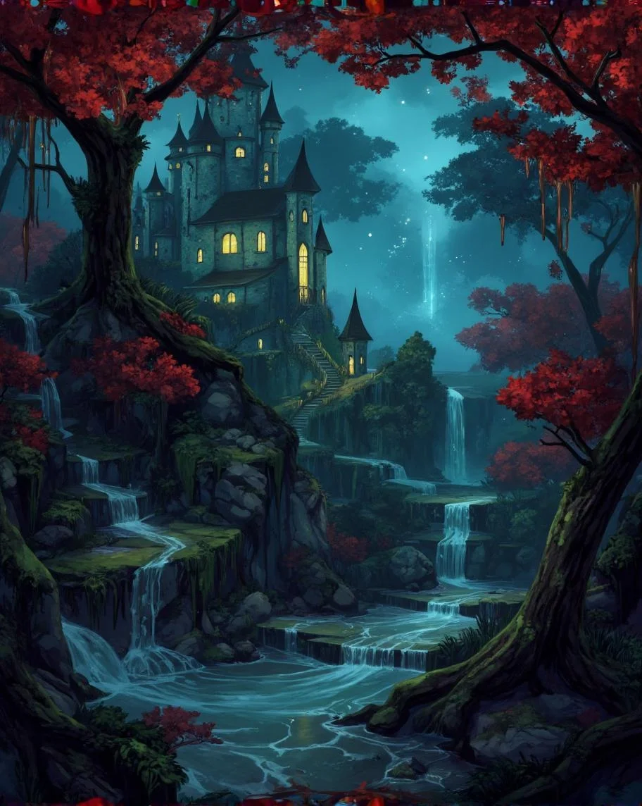 <lora:ck-LttleGhost-000011.safetensors:1> in the style of ck-lttlegh0stIn this captivating digital illustration, an enchanted forest comes alive around a fantastical castle with spiral staircase, arched windows, and twinkling lights. Majestic waterfalls enhance the mystical ambiance amidst lush greenery, vibrant reds, and soothing blues. Printed on high-quality paper, this 11" x 17" piece is perfect for art enthusiasts or as a decorative addition.