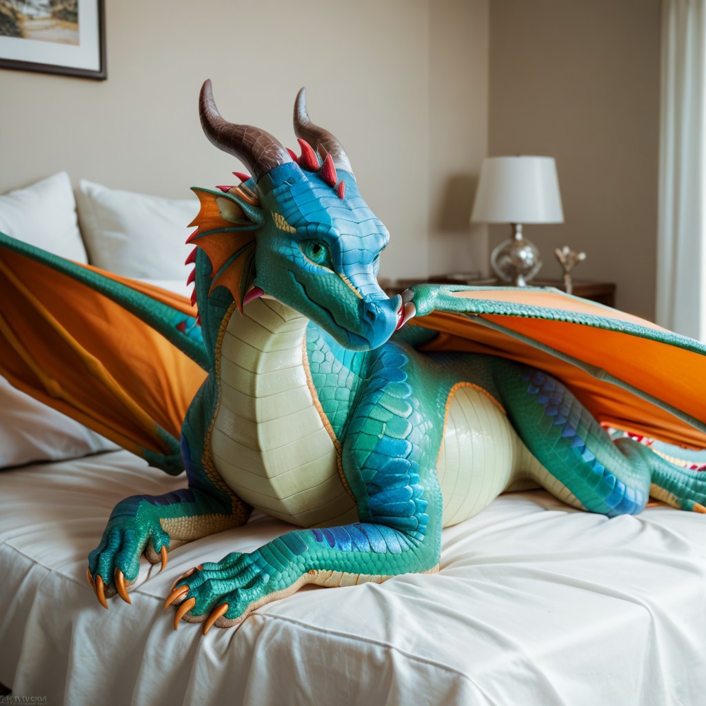 score_9, score_8_up, score_7_up, score_6_up, score_5_up, score_4_up, masterpiece, high quality, realistic, detailed, best quality, white bed, solo, rating_safe, source_furry, bedroom, smiling, seductive, ((looking at viewer)), lying on belly, Rainwing, dragon, ear ruffs, head fins, scales, horn, claws, wings, tail, feral, Glory, green scales, female, 1girl, orange feet, green eyes, orange wings, detailed eyes, detailed face