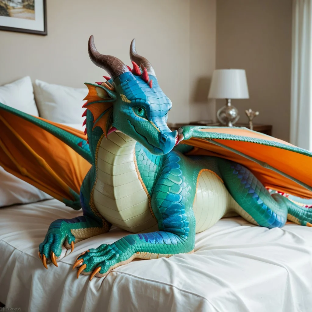 score_9, score_8_up, score_7_up, score_6_up, score_5_up, score_4_up, masterpiece, high quality, realistic, detailed, best quality, white bed, solo, rating_safe, source_furry, bedroom, smiling, seductive, ((looking at viewer)), lying on belly, Rainwing, dragon, ear ruffs, head fins, scales, horn, claws, wings, tail, feral, Glory, green scales, female, 1girl, orange feet, green eyes, orange wings, detailed eyes, detailed face