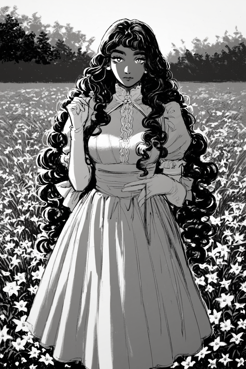 score_9, score_8_up, score_7_up, rating_safe, 1girl, solo, long hair, curly hair, wavy hair, looking at viewer, breasts, dress, white dress, puffy sleeves, puffy short sleeves, short sleeves, gloves, elbow gloves, white gloves, cowboy shot, closed mouth, standing, outdoors, field, flower, grass, plant, sky, <lora:godiva_bw:1>, (monochrome:1.5), (greyscale:1.5)