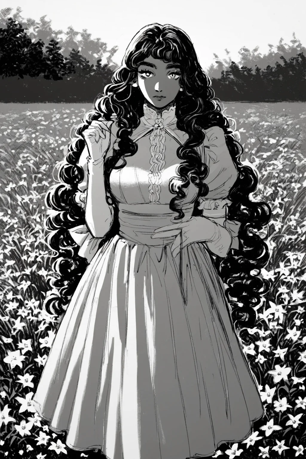 score_9, score_8_up, score_7_up, rating_safe, 1girl, solo, long hair, curly hair, wavy hair, looking at viewer, breasts, dress, white dress, puffy sleeves, puffy short sleeves, short sleeves, gloves, elbow gloves, white gloves, cowboy shot, closed mouth, standing, outdoors, field, flower, grass, plant, sky, <lora:godiva_bw:1>, (monochrome:1.5), (greyscale:1.5)