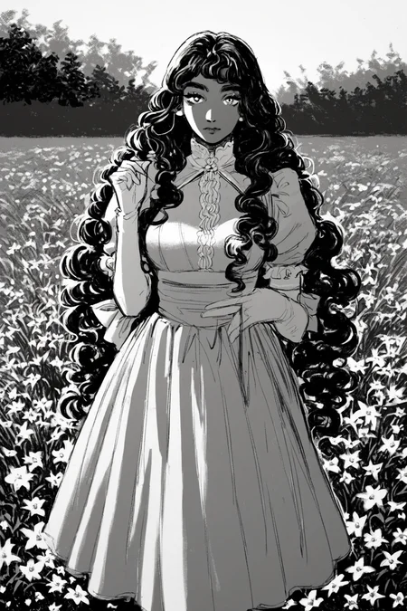 score_9, score_8_up, score_7_up, rating_safe, 1girl, solo, long hair, curly hair, wavy hair, looking at viewer, breasts, dress, white dress, puffy sleeves, puffy short sleeves, short sleeves, gloves, elbow gloves, white gloves, cowboy shot, closed mouth, standing, outdoors, field, flower, grass, plant, sky, <lora:godiva_bw:1>, (monochrome:1.5), (greyscale:1.5)