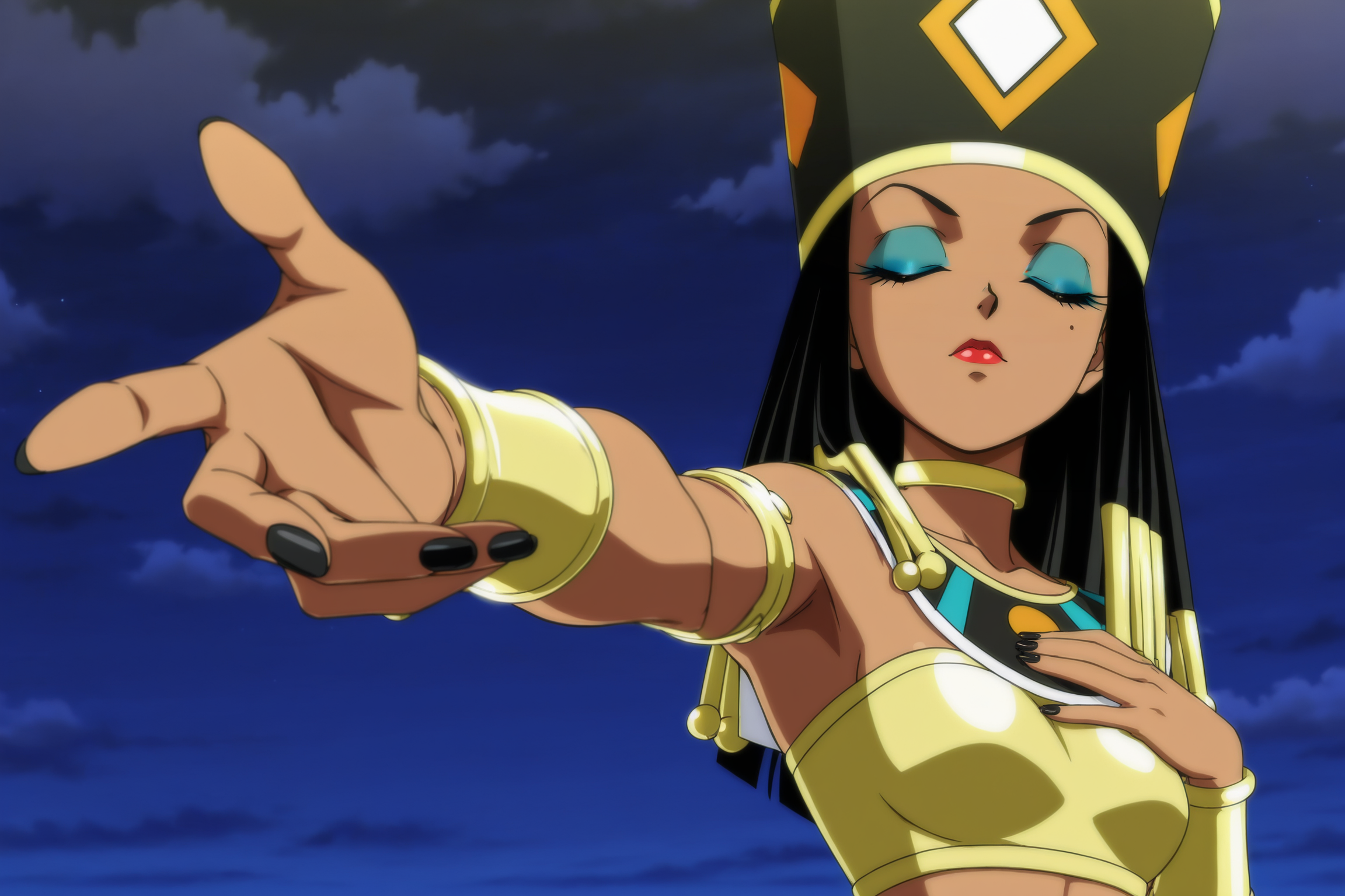 anime screencap, absurdres, high quality,  official style, 
helles, official style, 1girl, solo, dark-skinned female, egyptian, egyptian clothes, long hair, black hair, hair ornament, closed eyes, mole under eye, eyelashes, makeup, eyeshadow, closed mouth, lipstick, egyptian headdress, neck accessory, collarbone, tube top, gold topwear, midriff, armlet, bracer, jewelry, outstretched arm, outstretched hand, upper body, dark skin, nail polish, fingernails, hand on own chest, cloudy sky, night, armpits, looking at viewer, print headwear,
 <lora:Helles_IL:0.8>