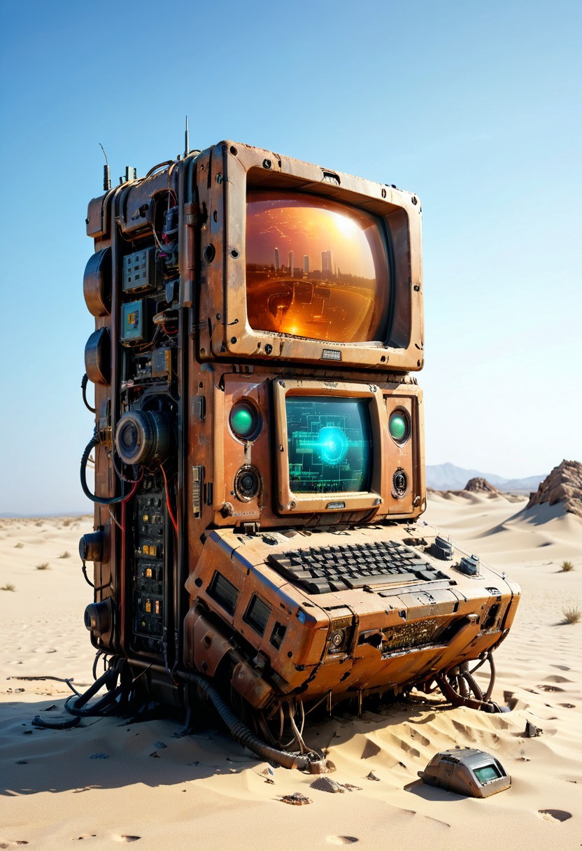 ultra high resolution, masterpiece, best quality, a sci-fi ,  desert, A (rusty) and (broken) retro computer buried in the sand, in the style of hyper realistic photography. evi@decrepPunk, no human, view from below