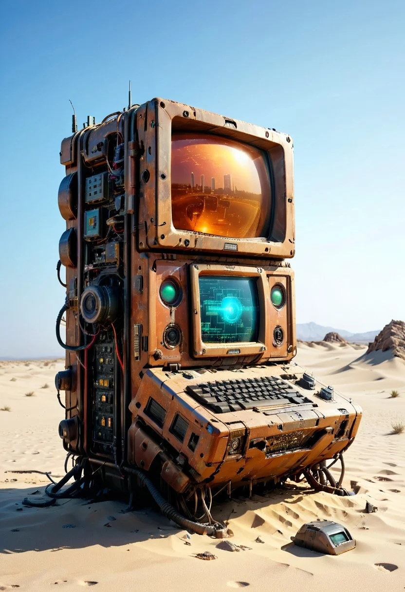 ultra high resolution, masterpiece, best quality, a sci-fi , desert, A (rusty) and (broken) retro computer buried in the sand, in the style of hyper realistic photography. evi@decrepPunk, no human, view from below