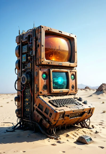 ultra high resolution, masterpiece, best quality, a sci-fi , desert, A (rusty) and (broken) retro computer buried in the sand, in the style of hyper realistic photography. evi@decrepPunk, no human, view from below