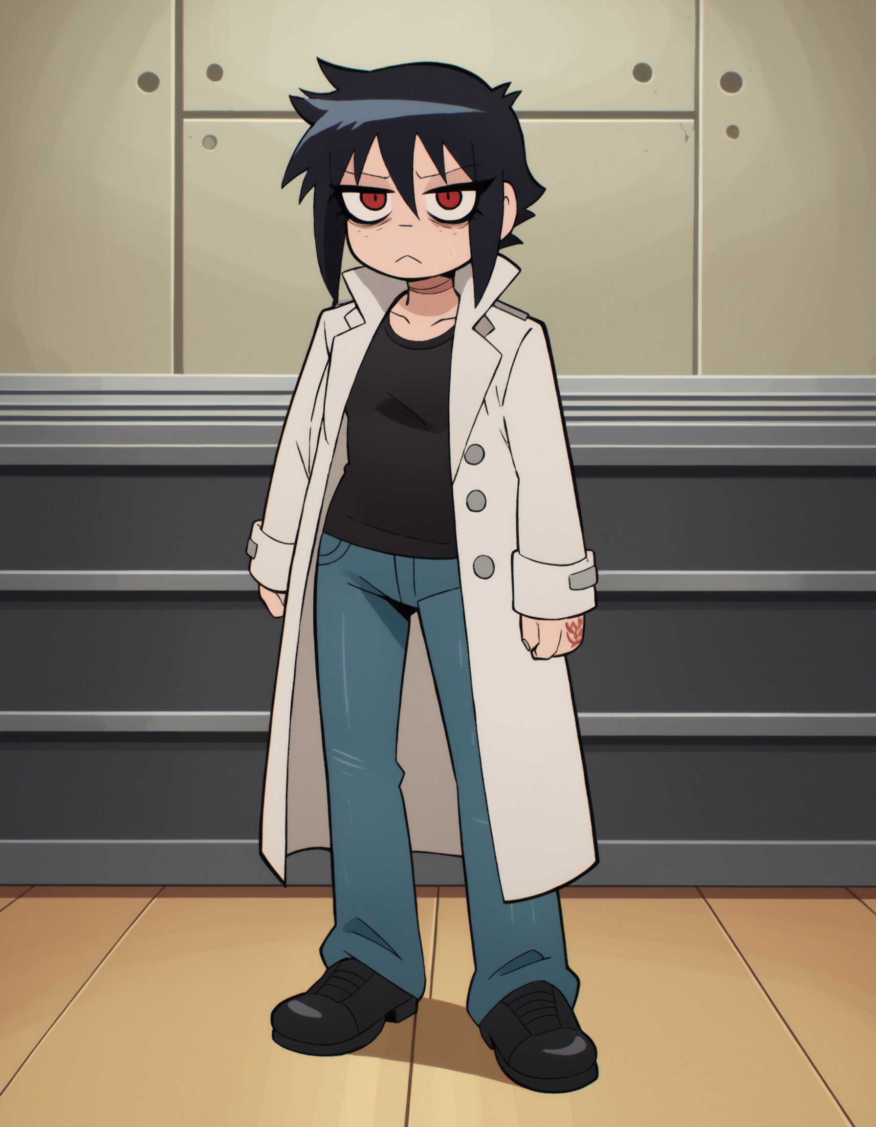 zPDXL, score_9, score_8_up, score_7_up, source_anime,
1girl, solo, <lora:Furfrou_v2:0.8> furfrou, dog ears, dog tail, dog girl, black fur, white skin, red eyes, jitome, bags under eyes, small breasts, freckles,, yakuza, scar on nose, yakuza tattoos, wearing a white trench coat, dark jeans, leather shoes ,  <lora:ScottP-v2-3:0.8> scttp