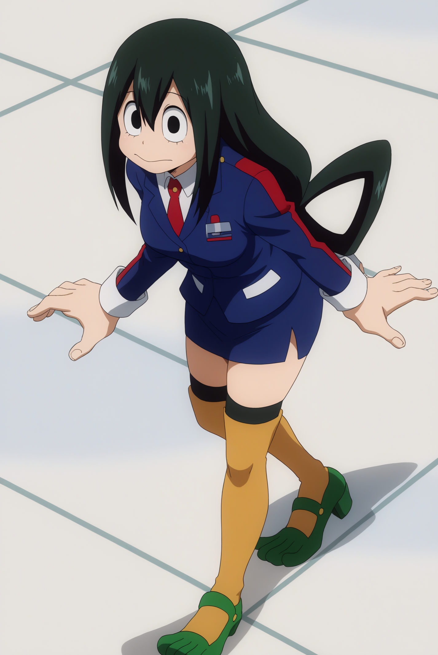Tsuyu_Asui, solo, Flight Attendant Outfit <lora:My_Hero_Academia-Tsuyu_Asui-PDXL:0.8>