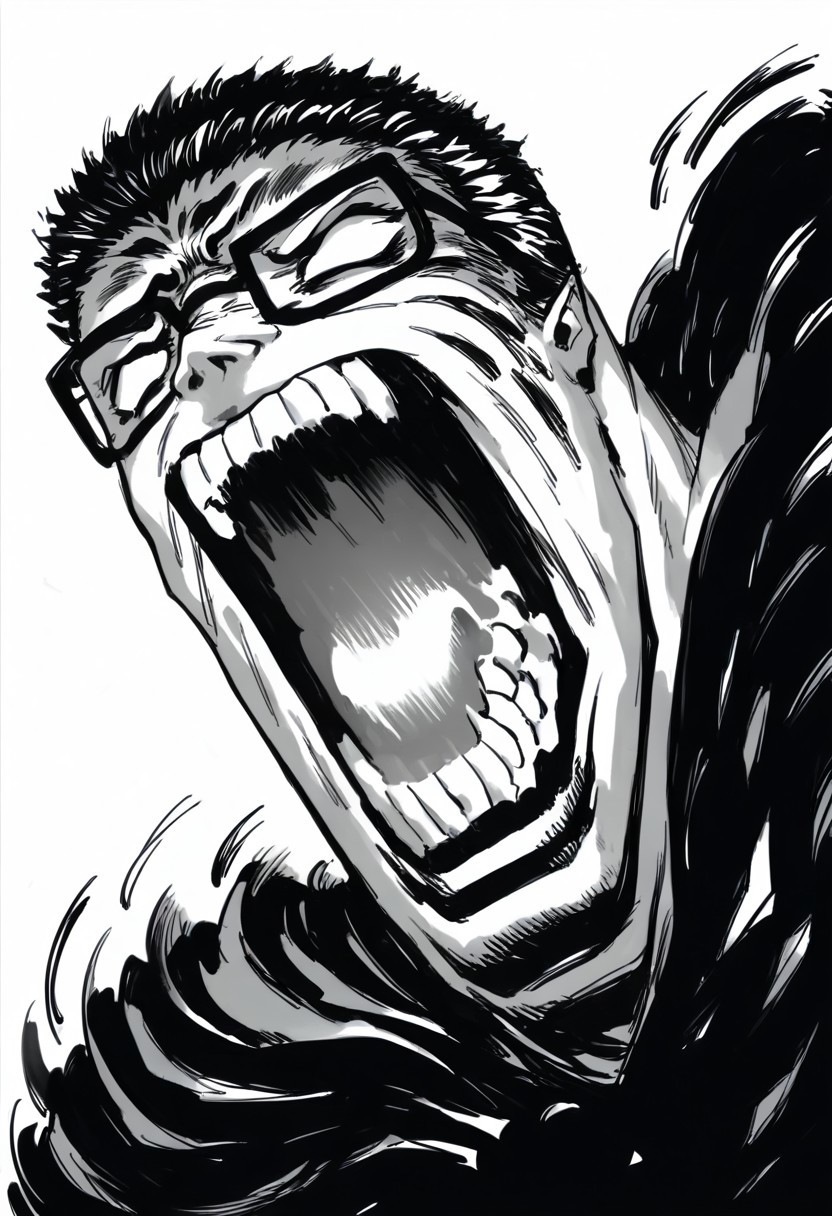 score_9, score_8_up, score_7_up, score_6_up, score_5_up,  monochrome, hankhillpd, glasses, brown hair, berserkscream. griffithscream. open mouth. teeth. scream. screaming. blank eyes,