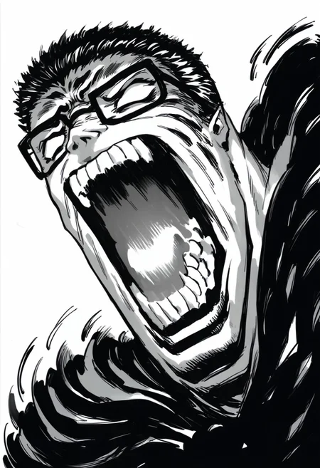 score_9, score_8_up, score_7_up, score_6_up, score_5_up,  monochrome, hankhillpd, glasses, brown hair, berserkscream. griffithscream. open mouth. teeth. scream. screaming. blank eyes,