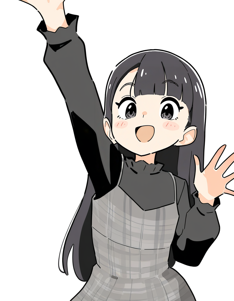 (noyama takenoko:0.8),white background,simple background,upper body,looking at viewer,open mouth,:d,waving,arm up,<lora:lijing_noob:1>,skin3,lijing,1girl,solo,long hair,black hair,bangs,black eyes,dress,plaid dress,
masterpiece,best quality,very aesthetic,absurdres,