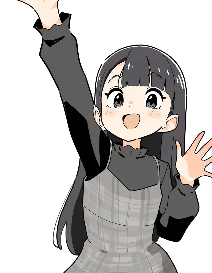 (noyama takenoko:0.8),white background,simple background,upper body,looking at viewer,open mouth,:d,waving,arm up,<lora:lijing_noob:1>,skin3,lijing,1girl,solo,long hair,black hair,bangs,black eyes,dress,plaid dress,
masterpiece,best quality,very aesthetic,absurdres,