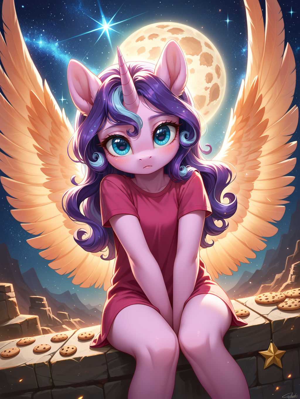 score_9, score_8_up, score_7_up, source_anime,
 intricate details, extreme detail, very aesthetic, intricate details, abstract, surreal, dynamic lighting, ray tracing, extreme contrast, the most adorable, solo, female, anthro, pony, cute, shy, blush, sitting, outside, blue sky, wide angle shot, nighttime, beautiful sky with stars and cosmos, looking upward, Detailed face, detailed face, beautiful, Expressive,  Cookie Crumbles_(mlp)