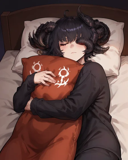 score_9, score_8_up, score_7_up, 1girl, bedroom, lying, sleep, solo, night, hug big pillow,horns, Mohg Lord of Blood, black pajamas, black hair, short hair, one eye, <lora:Mohg_Lord_of_Blood:0.7>