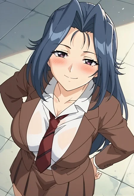 score_9, score_8_up, score_7_up, score_6_up, score_5_up, score_4_up, 1girl, Fumiko, Long Blue Hair, purple eyes, Blazer School Uniform, Necktie, Skirt, big breasts, huge butt, looking at viewer, smug, blush, from above, look up, anime screencap