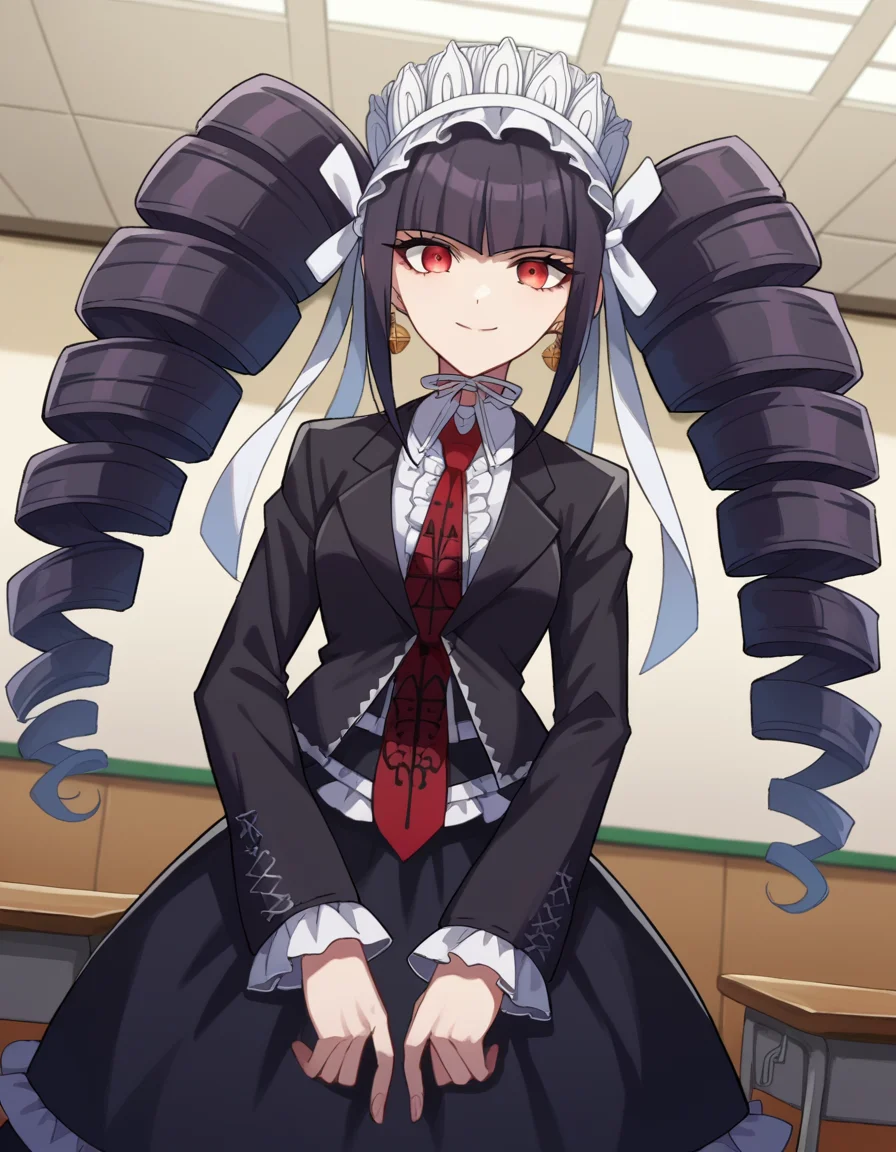 score_9, score_8_up, score_7_up, source_anime,
celestialudenberg, <lora:celestia-ludenberg-ponyxl-lora-nochekaiser:1>,
celestia ludenberg, long hair, bangs, black hair, red eyes, long sleeves, twintails, drill hair, twin drills, smile,
skirt, shirt, black hair, long sleeves, jewelry, jacket, earrings, frills, necktie, black skirt, black jacket, red necktie, bonnet, print necktie,
indoors, classroom,
looking at viewer, cowboy shot, dutch angle,