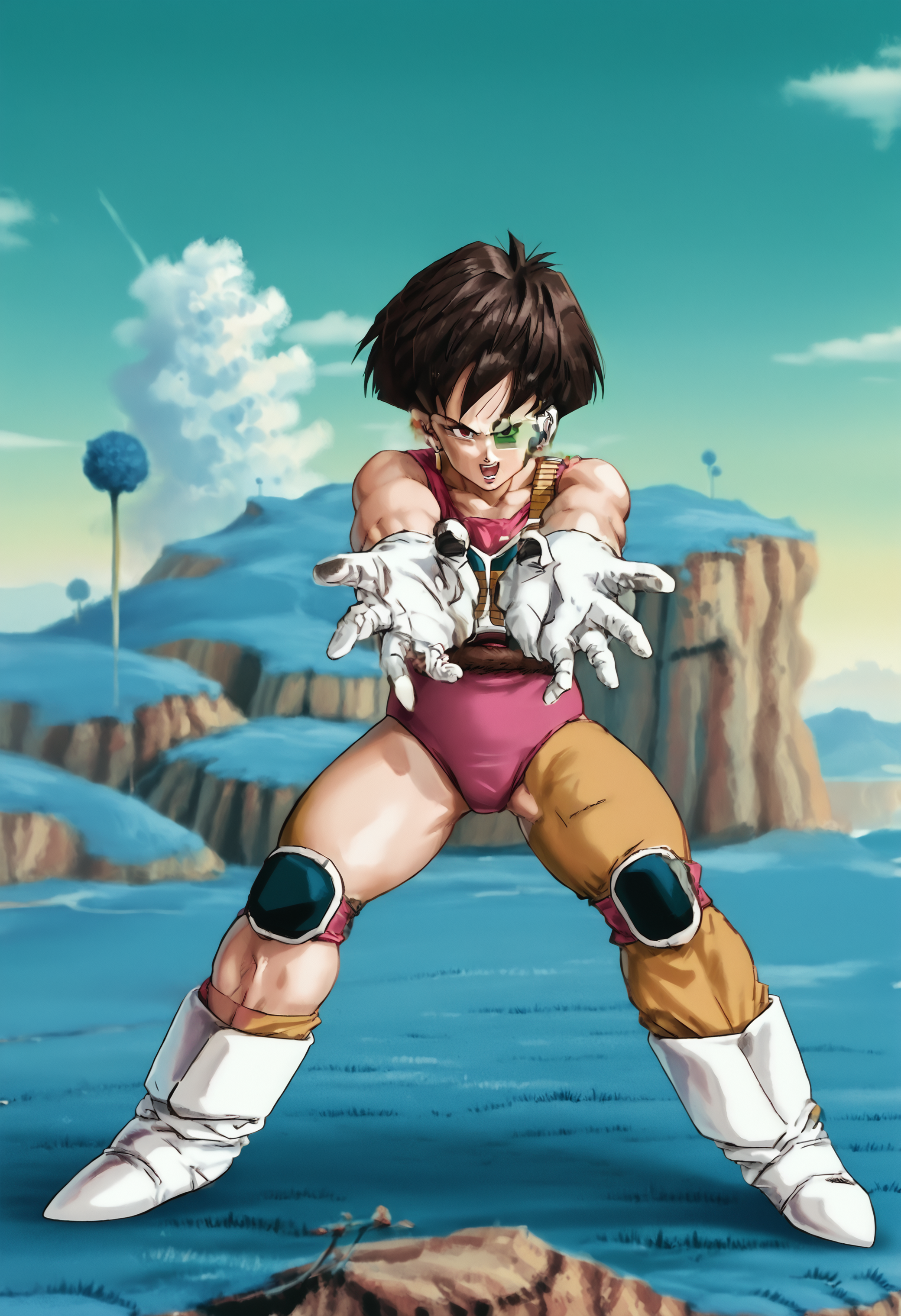 score_9, score_8_up, score_7_up, score_6_up, source_anime, hand draw, art, 1girl, full body,<lora:super-saiyan-ponyxl-lora-nochekaiser:0.9>, super saiyan, open mouth, closed hands, shouting, short hair, monkey tail, eyewear <lora:Fasha:1.0> fasha, saiyan armor, gloves, boots, short hair, spiked hair, pink leotard BREAK muscular, (sideview:0.8), <lora:NamekPony:1.0> namek, building,house,outdoors, blue grass, tree,green sky