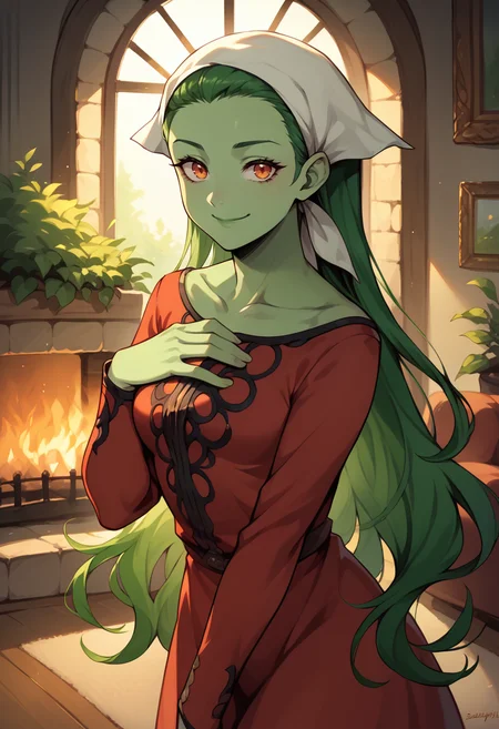 score_9, score_8_up, score_7_up, 1girl, cowboy shot, looking at viewer, hand on own chest, smile, closed mouth, <lora:zs_SilkyXL:1> silkysmt, green hair, long hair, green skin, colored skin, head scarf, red dress, indoors, fireplace, window