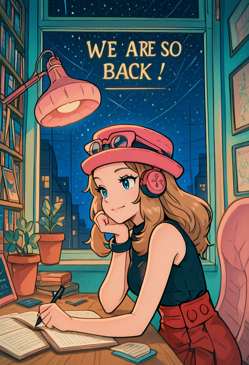 masterpiece, best quality, 1girl, solo, eyelashes, (beautiful eyes),    We4reSoB4ck, text,    ,<lora:We4reSoB4ck_IXL_v1:1.0>,   lookig at viewer, smile,  zzSerena, solo, long hair, blue eyes, eyewear on headwear, pink headwear, eyelashes, sleeveless shirt, black shirt, bracelet, high-waist skirt, <lora:SerenaPokemonIXL_v2:1.0>, zzLofi, sitting, side view, desk, chair, book, bookshelf, head rest, holding, holding pen, lamp, night, open book, pen, plant, potted plant, sky, star (sky), starry sky, window, windowsill, writing, , <lora:LofiGirl_Style_IXL:1.0>, (upper body),