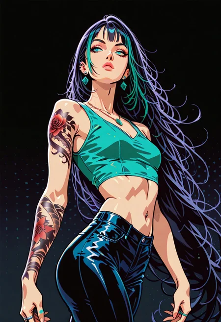 masterpiece, best quality, 32k, high resolution, absurdres, JeddtlIL, Mia, MiaRH, very long hair, black hair, aqua streaked hair, small breasts, slim, piercings, full arm tattoo, beautiful lips, Pierced navel, simple background, gradient background, screentones, red-black background, multiple views, comic page, comic strip, necklace, finger rings, crop top, leather pants, makeup, earrings, insets, comic book panels, manga, halftone, high contrast, flat colors, vector art, sketch, dynamic pose, multiple angle views, multiple poses